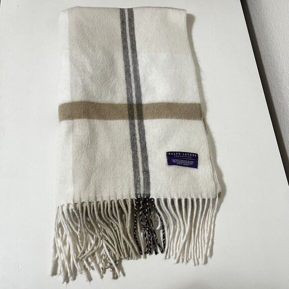 Ralph Lauren Collection Purple Label Plaid 100% Rabbit Hair Fringe Scarf Italy